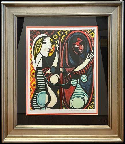 Pablo Picasso Girl Before a Mirror Limited Edition Collection Domaine Picasso Print: A framed Pablo Picasso limited edition print titled “Girl Before a Mirror,” from the Collection Domaine Picasso, presented under glass in a wide metallic-toned frame with black matting and