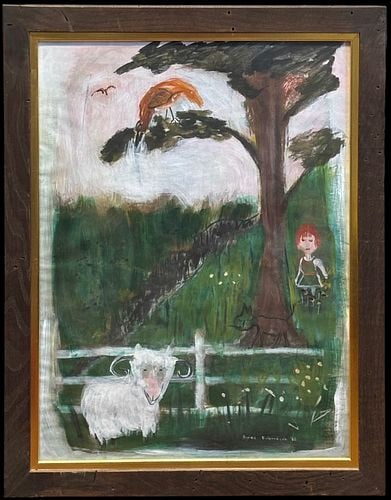 Agnes Robertson (USA, 1911- 2001) 1966 Folk Art Farm Scene Painting: Charming original folk art painting signed “Agnes Robertson ’66,” depicting a whimsical pastoral scene with a white sheep in the foreground, a red-haired child near a large tree, a b