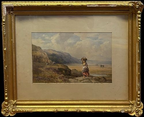 John Henry Mole (British, 1814–1886) Coastal Watercolor Landscape with Figures: Antique watercolor landscape depicting a coastal shoreline with rocky cliffs, distant figures, and a central woman carrying a basket along the beach beneath a soft clouded sky. The work is signed alon