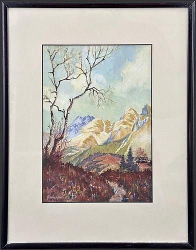Illegibly Signed & Framed Watercolor Mountain Landscape (1 of 4)
