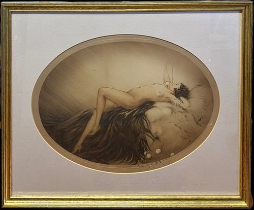 Louis Icart Eve Signed Art Deco Nude Reclining Woman Framed Print: Elegant Art Deco framed print titled “Eve” by Louis Icart, depicting a reclining nude woman posed on a fur-draped chaise or bed, accented with soft hand-colored details including turquoise