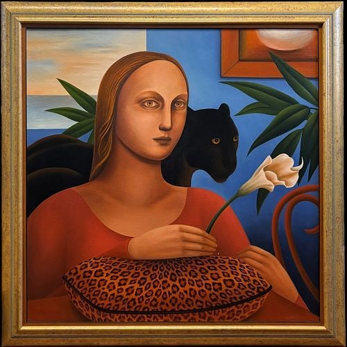 Naoko Paluszak (Contemporary) Woman with Black Panther & Calla Lily Oil on Canvas: A striking contemporary oil on canvas by Naoko Paluszak, depicting a stylized seated woman holding a calla lily, with a black panther emerging behind her and lush tropical foliage set against vivid bl