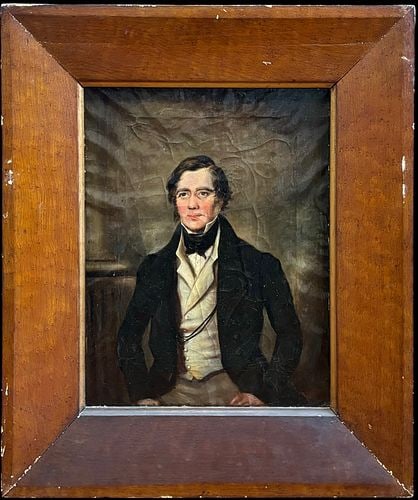 19th Century Folk Portrait Painting of a Gentleman in Original Wood Frame: A charming 19th century oil portrait depicting a seated gentleman in formal dress, wearing a black coat, cream waistcoat, high collar, and black cravat. The sitter is rendered with expressive facial d