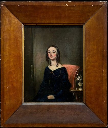 19th Century Oil Portrait Painting of a Young Woman in Interior