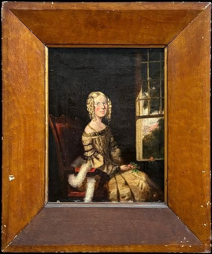 19th Century Folk Art Portrait Painting of a Young Girl Holding Flowers: Charming 19th century oil portrait depicting a young girl seated beside a window, holding a small bouquet of flowers in her lap. The sitter is shown with blonde ringlets, rosy cheeks, and a finely det