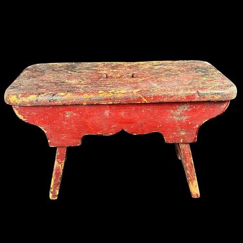 Antique Red Painted Folk Art Footstool with Scalloped Apron (1 of 7)