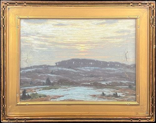 James Knox (NY, 1866–1942) 1924 Winter Landscape Oil Painting: A charming 1924 oil landscape by James Knox, inscribed on the reverse “Wedding Present” and dated 1924, depicting a quiet winter countryside beneath a pale glowing sky. The composition fea