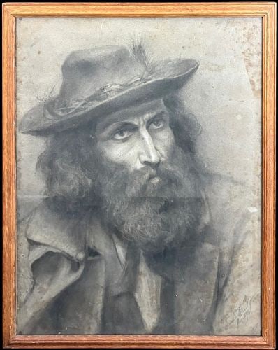 Portrait of a Bearded Gentleman Charcoal on Paper 1874: A striking antique portrait drawing depicting a bearded gentleman wearing a broad-brimmed hat with feather detail, rendered in soft charcoal or pastel tones on paper. The sitter is shown in a dramatic
