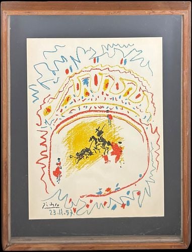 Pablo Picasso Toromachie Colored Lithograph Bullfighting Scene: Pablo Picasso colored lithograph titled “Toromachie,” depicting a dynamic bullfighting scene rendered in vibrant red, yellow, blue, and black. The lower left bears a Picasso signature with