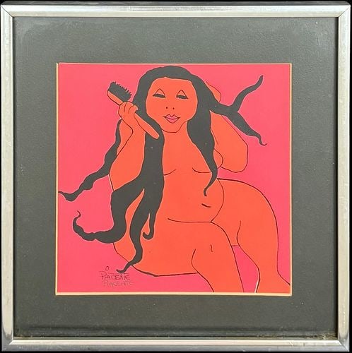 Artist Signed Piacente Pop Art Female Figure with Hairbrush: A bold and playful framed pop art style work signed “Piacente” at the lower left, depicting a seated nude female figure brushing her long black hair against a vivid hot pink and orange bac