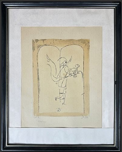 Paul Klee (Swiss, 1879-1940) Genius Serves a Small Breakfast Lithograph: Framed Paul Klee lithograph titled A Genius Serves a Small Breakfast, a delicate modernist composition featuring Klee’s distinctive linear figuration within an arched architectural form. The wor