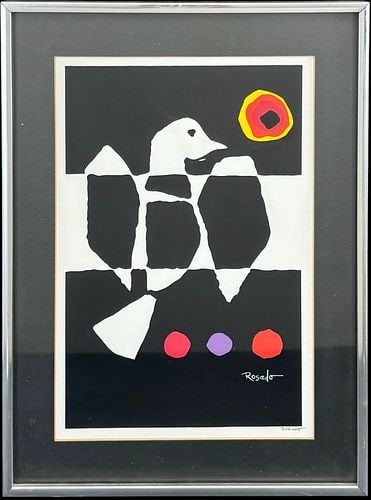 Julio Rosado (Puerto Rico, 1922-2008) Modernist Bird Lithograph: A striking framed modernist lithograph signed “Rosado,” featuring an abstract white bird form set against a bold black ground with vivid circular accents in red, purple, orange, yellow, an