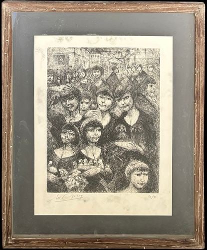 Edouard Joseph Goerg (French, 1893-1969) Flower and Bird Market Etching #24/50: A signed limited edition etching by French artist Édouard Joseph Goerg titled Le Marché aux fleurs et aux oiseaux (Flower and Bird Market), depicting a densely composed market scene fill