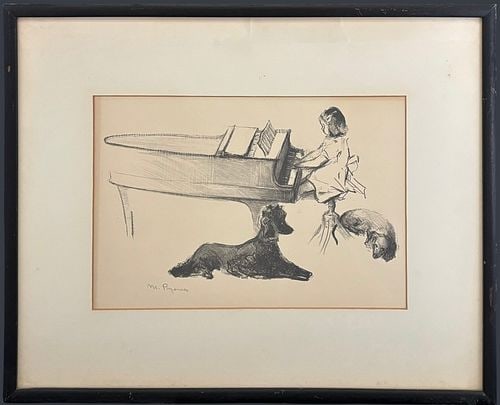 Margery Ryerson (USA, 1886-1989) Charcoal Drawing of Child at Grand Piano with Dog (1 of 4)