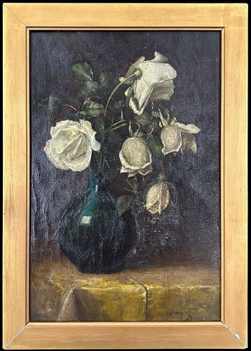 Antique Signed Lewis Oil on Canvas Still Life White Roses: An attractive antique oil on canvas still life depicting white roses arranged in a dark blue-green glass vase, set against a dark atmospheric background with a warm tabletop below. The painting is sig