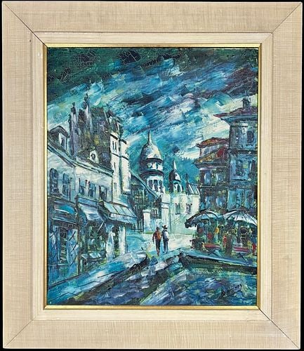 Mid-Century Paris Street Scene Oil Painting Montmartre View: Approx. frame size (in): 24 x 20.75 x 1, Approx. painting size (in): 17.5 x 14.5