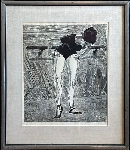 Joseph St. Lawrence (USA, 1912–1985) Broken Ribbon Lucite Engraving: Framed black-and-white lucite engraving titled “Broken Ribbon” by Joseph St. Lawrence, identified on the verso gallery label as an American artist born in 1912. The work depicts a ballet d