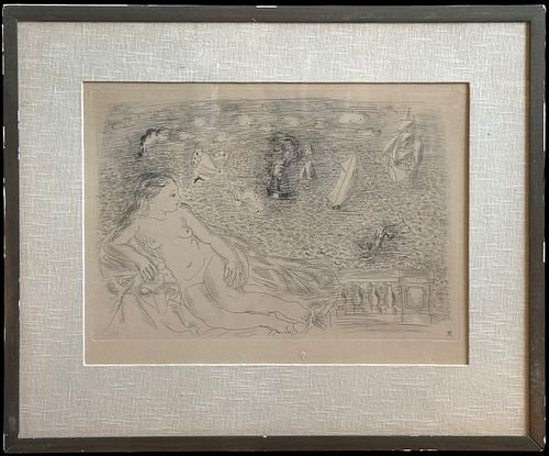 Raoul Dufy (France, 1877–1953) Balcon sur la mer La Baigneuse aux Papillons Etching: Framed Chalcographie du Louvre etching after French artist Raoul Dufy, known as “Balcon sur la mer” or “La Baigneuse aux papillons,” depicting a reclining nude woman on a seasi