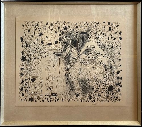Pablo Picasso Le Cirque (The Horsewoman) Signed Lithograph: Framed lithograph titled “Le Cirque” by Pablo Picasso, featuring a lively black-and-white circus composition with a central acrobat, ringmaster figure, drum, and dense gestural linework th