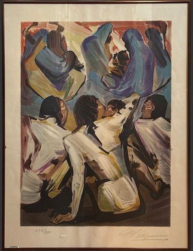 David Alfaro Siqueiros (Mexico, 1896-1974) Los Indios Suite Portfolio #276/300: David Alfaro Siqueiros “Los Indios” from the Mexican Suite portfolio, 1969. Limited edition color lithograph on paper depicting a powerful figural composition of Indigenous figures rendere