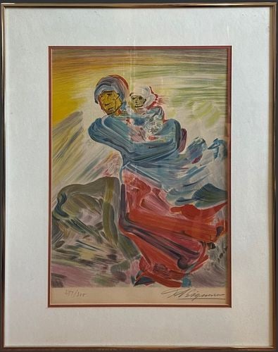 David Alfaro Siqueiros (Mexico, 1896-1974) Figural Lithograph #277/300: Colorful limited edition lithograph by David Alfaro Siqueiros depicting an expressive seated female figure holding a small monkey, rendered with bold, gestural strokes in red, blue, yellow, green, and
