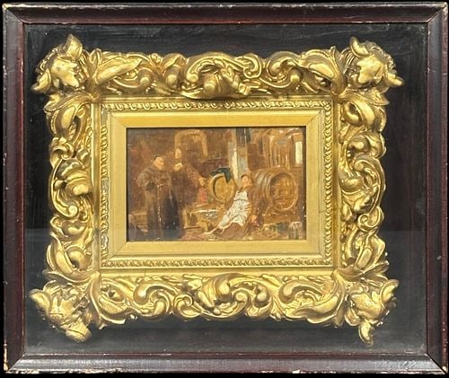 19th c. Oil Painting of Friars in Ornate Gilt Frame