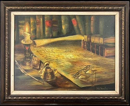 Lloyd Garrison (New Jersey, 20th C.) Library Still Life Oil Painting: Framed oil on canvas still life by Lloyd Garrison, depicting a warmly lit library or study scene with a burning candle, stacked books, rolled manuscript, quill, inkwell, spectacles, and handwritten pa