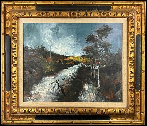 Signed Modernist Landscape Oil Painting in Ornate Gilt Frame: Signed oil on canvas depicting an expressive modernist landscape with a winding light-toned road, dark trees, utility poles, and a distant hillside under a dramatic blue-gray sky. The painting is exec