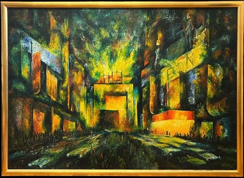 Johnell Barnwell (USA, 1922-2015) 1963 Abstract Cityscape Oil Painting: Striking abstract cityscape oil painting signed “Johnell Barnwell” and dated 1963 at the lower right. The work features a dramatic modern urban composition with illuminated architectural f