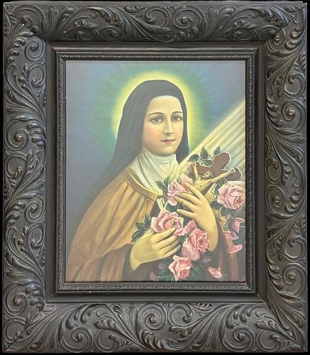 Religious Print of Saint Thérèse of Lisieux Ornate Frame: Framed religious devotional print depicting Saint Thérèse of Lisieux holding a crucifix surrounded by pink roses, shown with a glowing halo and soft blue-green background. The image is h