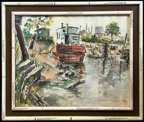 Signed Szasz 1951 Industrial Harbor Boat Watercolor Painting