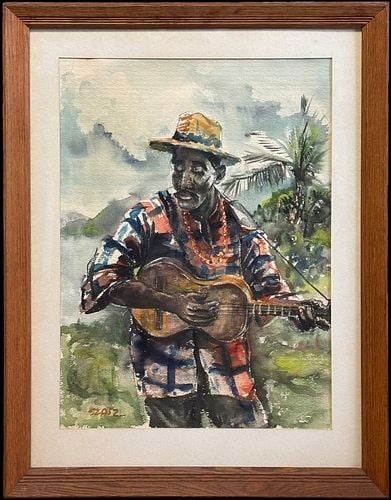 Signed Szasz Watercolor of Island Tropical Guitar Player: Original watercolor painting depicting a musician in a straw hat and colorful patterned shirt playing an acoustic guitar amid lush tropical foliage and palm trees. Executed with expressive brushwork a