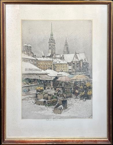 Robert Kasimir (Austria, 1914-2002) Viktualienmarkt Munich Market Etching (1 of 5)