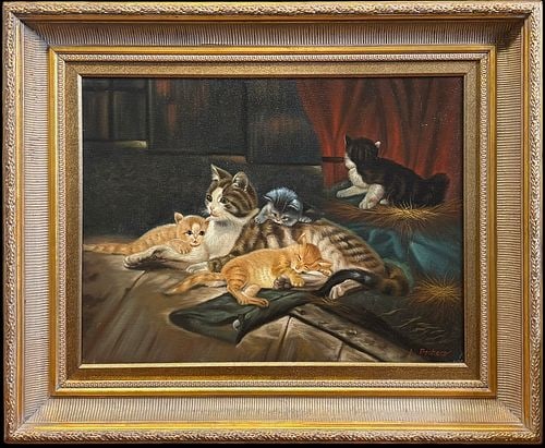 Artist Signed A. Pacheco Oil Painting of Mother Cat and Kittens in Barn Interior (1 of 4)