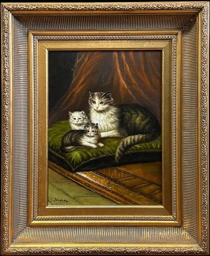 Artist Signed Shipley Framed Oil Painting of Cat and Kittens: Signed Shipley oil on canvas depicting a mother cat with two kittens resting on a green cushion before a dark draped interior, rendered with detailed fur, warm highlights, and a classic Victorian-styl