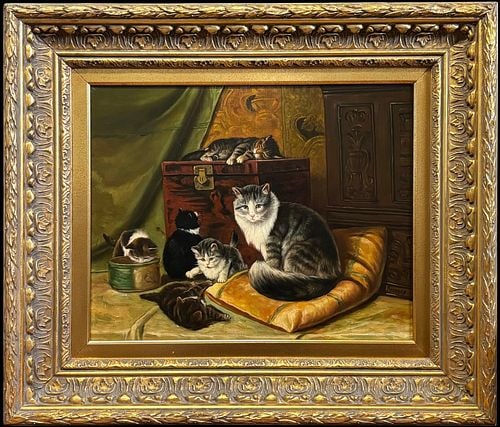 Artist Signed Barnard Oil on Canvas Cat Family Painting: Charming signed oil on canvas depicting a group of cats and kittens gathered in a richly furnished interior, with one cat seated on a gold cushion, kittens at play, and another cat resting atop a wood