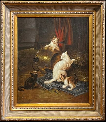 Artist Signed A. Pacheco Oil on Canvas Cat Scene Painting: Signed A. Pacheco oil on canvas depicting a lively interior scene with four cats gathered around an overturned brass vessel, set against a dark room with red drapery, scattered straw, and a patterned 