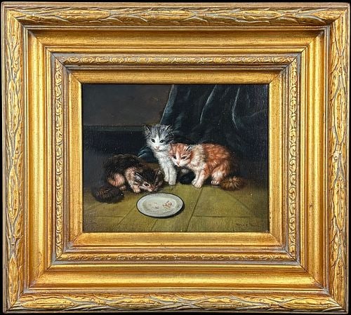 Artist Signed & Framed Oil Painting of Three Kittens with Plate: Charming antique oil on canvas depicting three young kittens gathered around a small plate, rendered with fine detail in the fur, expressive faces, and a dark draped background. The painting is signed