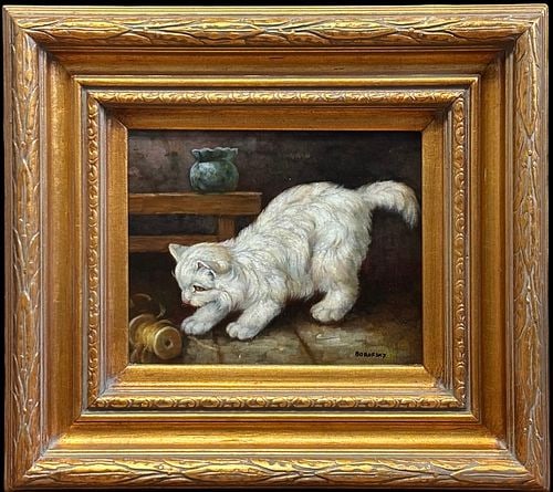 Artist Signed Borofsky Oil Painting of White Cat with Yarn: Signed Borofsky lower right, this charming oil on canvas depicts a fluffy white cat crouched playfully beside a spool of yarn, with a small green vase on a table in the background. The painting is pre