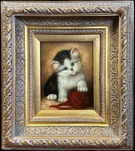 Framed Cat Kitten With Red Yarn Oil Painting: Charming framed oil painting depicting a black and white kitten with blue eyes resting beside a ball of red yarn. The work is presented in an ornate carved-style frame with gold and silver-tone finish