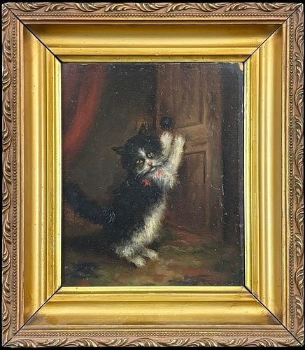 Antique Framed Oil Painting of Fluffy Black and White Kitten: Charming antique oil painting depicting a fluffy black-and-white kitten posed upright beside a door, with expressive eyes, raised paws, and a whimsical interior setting. The small composition has a sw