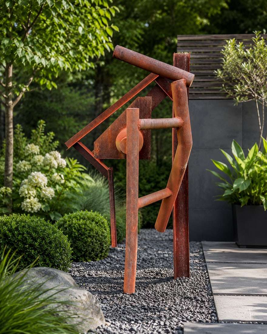 Monumental Brutalist Abstract Welded Steel Outdoor Sculpture: Large-scale Brutalist abstract sculpture constructed from welded steel beams, channels, plates, and cylindrical elements arranged in a dynamic architectural composition. The angular, asymmetrical form