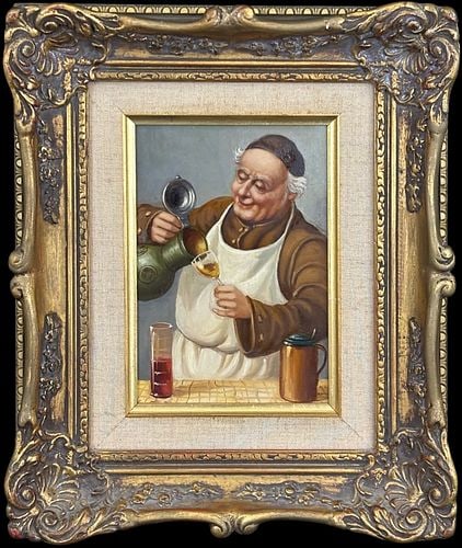 Antique Framed Oil Painting of Monk Pouring Wine: Charming framed oil painting depicting a jovial monk or wine steward pouring from a green bottle into a stemmed glass, with a red-filled cylinder and copper vessel on the tabletop. The work is painted