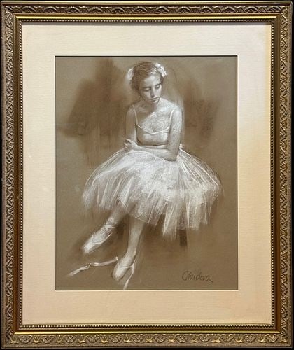 Steven Chudova (b. 1921) Signed Framed Ballerina Pastel Drawing: Steven Chudova signed pastel or chalk drawing depicting a seated ballerina in a white tutu and ballet slippers, rendered in soft tonal shading on gray-brown paper. The work is signed lower right and p