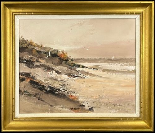 Evelyn Pizzi (Contemporary) Signed Coastal Seascape Oil Painting: Signed E. Pizzi coastal seascape oil painting by Evelyn Pizzi, depicting a softly rendered shoreline with dunes, water, seabirds, and warm muted sky tones. The work is presented in a gold-tone frame w