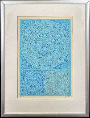 J. Maeda (Japan, 1926-2007) Limited Edition Abstract Blue Pointillist Print 103/200