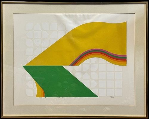 Fumio Tomita (Japan, B. 1932/34) Abstract Geometric Print: Limited edition abstract geometric print by Fumio Tomita, featuring bold green and yellow forms with layered rainbow-color bands over a pale patterned ground. The work is pencil signed along the lower