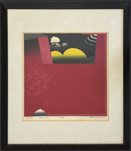 Kunihiro Amano (Japan, 1929-2001) Darkness Signed Limited Edition #8/50 Print: Signed limited edition abstract print titled “Darkness” by Tomoyuki Sato, numbered #8/50 and dated ’96. The composition features a deep red field with layered geometric and organic f