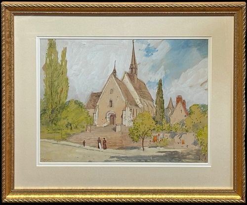 Illegibly Signed Watercolor European Church Scene in Gilt Frame: Framed watercolor painting depicting a European village church with tall steeples, a stepped entrance, surrounding trees, nearby buildings, and small figures in the foreground. The scene is rendered i