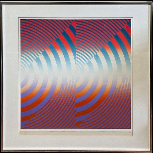 Masaaki Noda (Japan, B. 1949) Op Art Screenprint Expression for Substance—M #2/15: Framed limited edition abstract Op Art screenprint titled Expression for Substance—M, numbered #2/15 and dated ’75, with a pencil signature, Masaaki Noda along the lower margin. The c